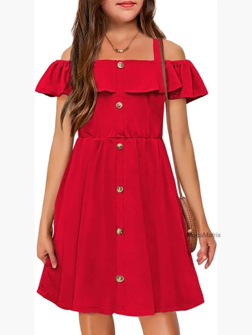 Girls Spaghetti Strap Cold Shoulder Ruffle Button Down A-Line Midi Dress